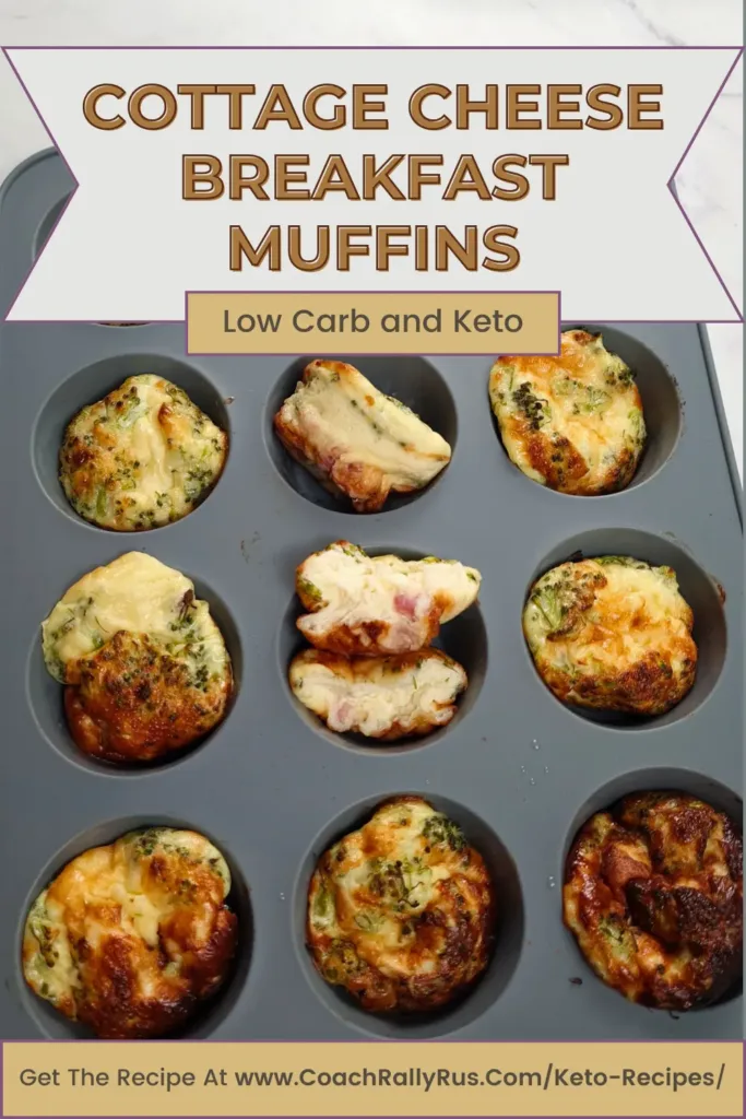 A Pinterest pin showcasing a variety of golden-brown Cottage Cheese Breakfast Muffins with Pancetta, labeled as low carb and keto, displayed in a muffin tray.