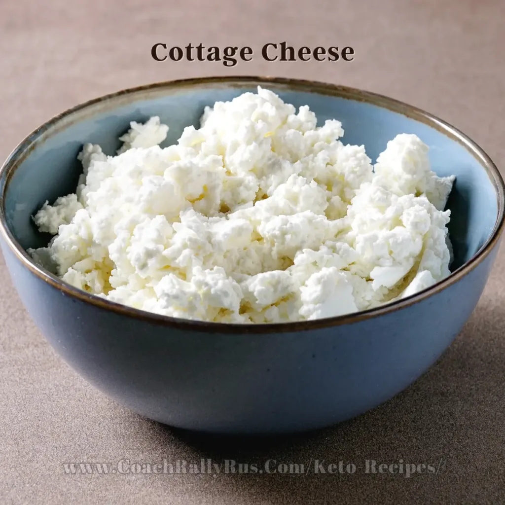 A bowl of fresh cottage cheese in a blue ceramic bowl with a dark rim, displayed on a neutral textured surface, with the label ‘Cottage Cheese’ and a website URL for keto recipes: https://coachrallyrus.com/keto-recipes/