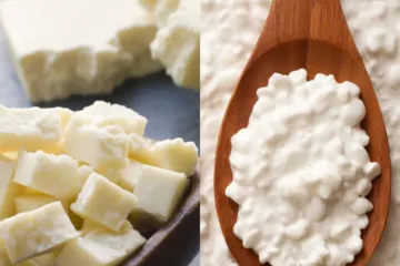 A comparative visual of cottage cheese and paneer, with the left side showing cottage cheese in a dark bowl and the right side displaying paneer on a wooden spoon, labeled ‘Cottage Cheese VS Paneer’ at the top.