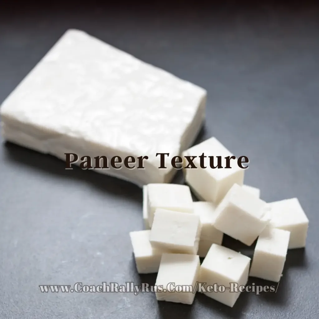 A block and cubes of fresh paneer cheese on a dark surface, with the text ‘Paneer Texture’ across the image, highlighting the firm yet soft texture of the paneer.