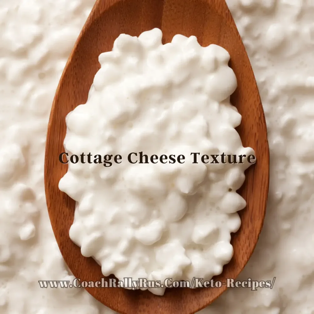 Close-up of creamy, lumpy cottage cheese in a wooden spoon, with more cottage cheese in the background, and text overlay ‘Cottage Cheese Texture’ with a website URL for keto recipes https://coachrallyrus.com/keto-recipes/