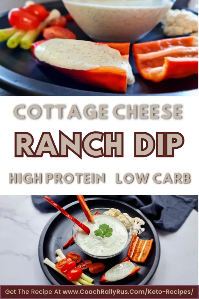 A delectable Keto Ranch Dip with Cottage Cheese presented in a bowl, perfect for a Pinterest pin. The dip is surrounded by a variety of fresh vegetables, illustrating a healthy and flavorful snack option for those on a keto diet.
