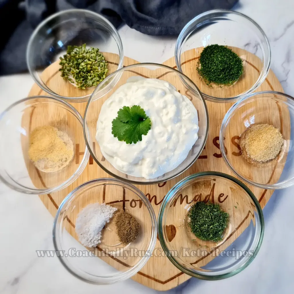 A rustic and appetizing Keto Ranch Dip with Cottage Cheese, presented on a wooden board with a variety of spices, embodying the essence of fresh, wholesome ingredients in a keto-friendly snack.