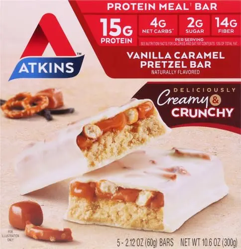 Promotional image of an Atkins Vanilla Caramel Pretzel Bar, highlighting its 15g protein content. The bar is displayed in the foreground, showcasing its creamy and crunchy texture, appealing to those seeking a nutritious and delicious snack.