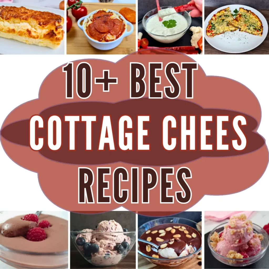 An enticing collage showcasing over 10 best cottage cheese recipes, including a variety of savory and sweet dishes such as a baked casserole, fresh tomato and cottage cheese salad, creamy dips, a fluffy omelet, and delectable desserts like ice cream and parfait, all emphasizing the culinary versatility of cottage cheese.