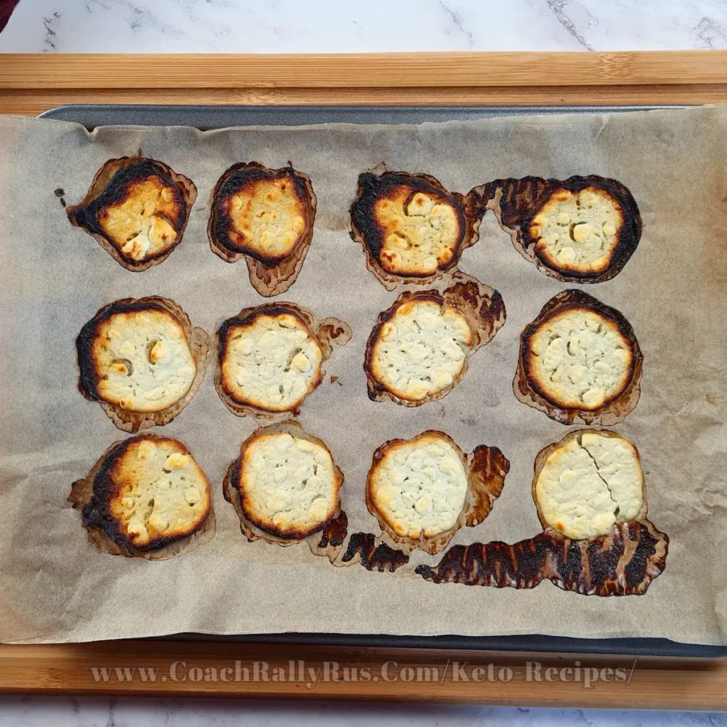 Twelve golden-brown cottage cheese chips with visible curds, baked to perfection and arranged neatly on parchment paper, showcasing a keto-friendly snack from CoachRallyRus.com’s recipe collection.