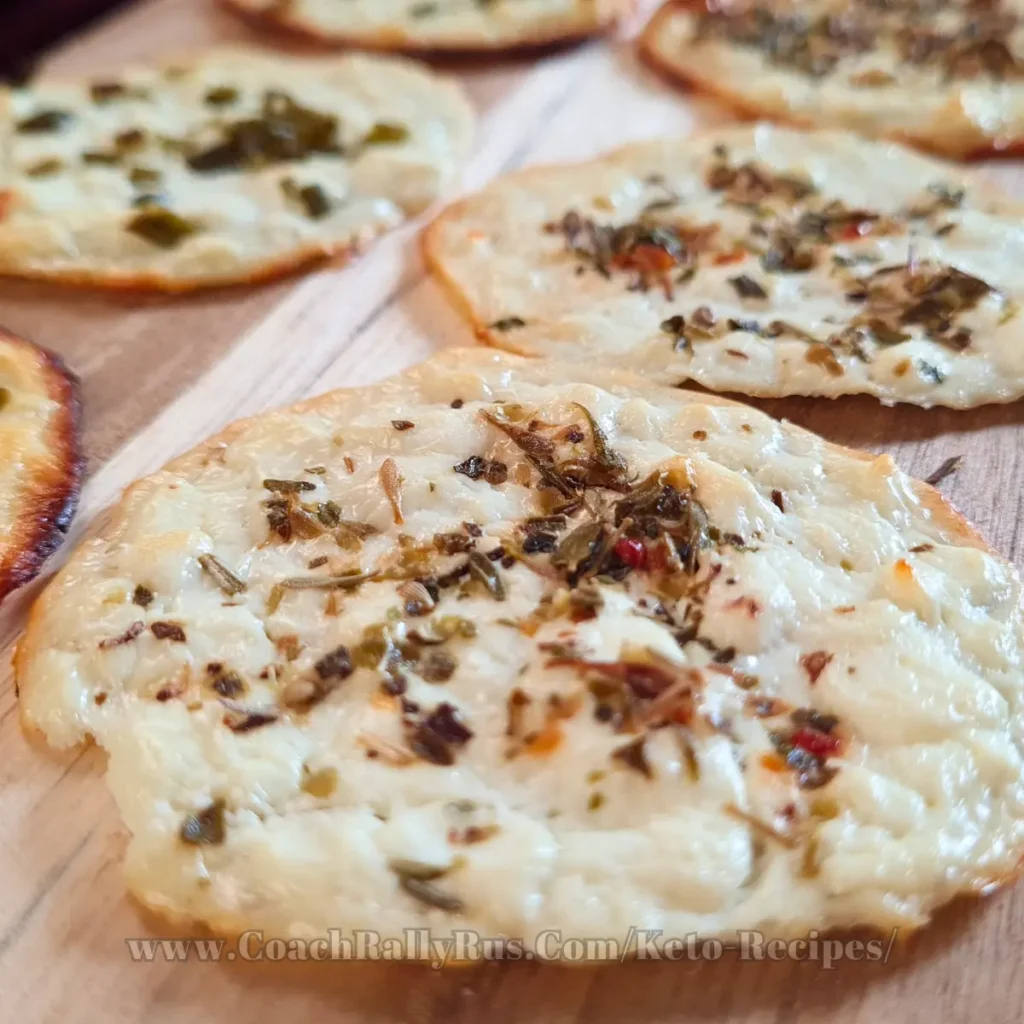 Crunchy homemade cottage cheese chips with a golden-brown hue, sprinkled with fresh green herbs, presented on a wooden cutting board, showcasing a simple yet delicious keto-friendly snack, from CoachRallyRus.com’s keto recipe collection.
