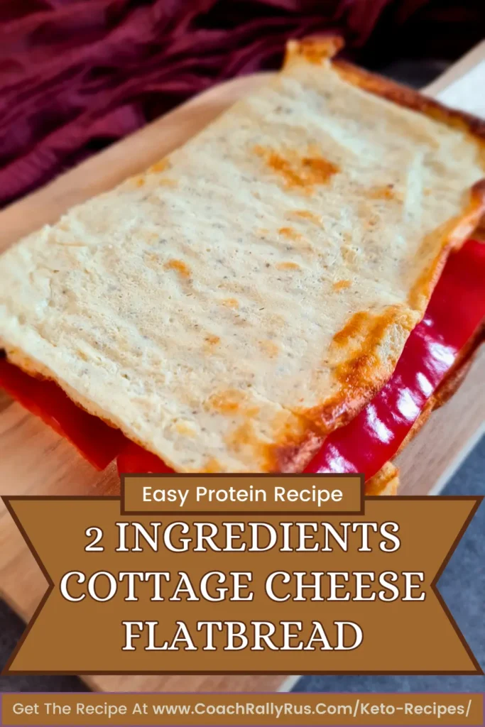 Delicious and easy-to-make 2 Ingredient Cottage Cheese Flatbread, perfect for a high-protein, low-carb diet, presented on a vibrant red cutting board. Visit www.CoachRallyRus.com for the full recipe and more keto delights!