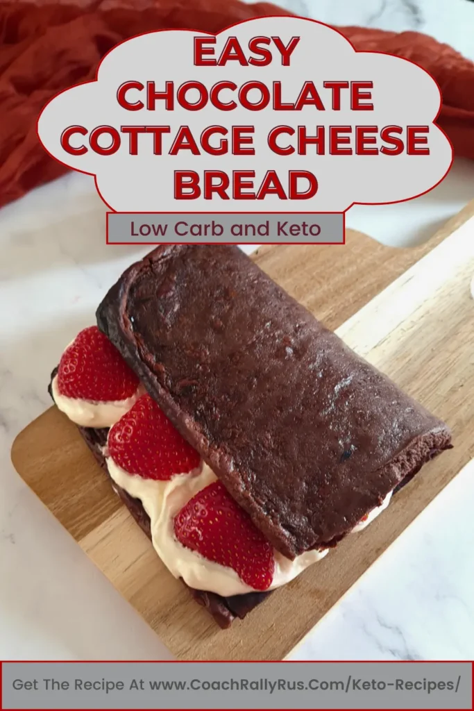 An enticing 4-Ingredient Chocolate Cottage Cheese Flatbread, showcasing a rich chocolatey base topped with creamy cottage cheese, garnished with fresh strawberry slices, and presented on a charming wooden board. The image captures the flatbread’s appeal as a delicious, keto-friendly dessert option.