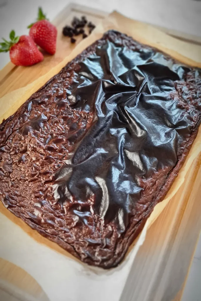 A delectable Chocolate Cottage Cheese Flatbread, freshly made and displayed on a wooden cutting board. The flatbread has a luscious chocolate topping with a textured surface, hinting at its moist and rich flavor. Accompanied by fresh strawberries and chocolate chips in the background, this image showcases the key ingredients, making it an inviting treat for those following a keto diet.
