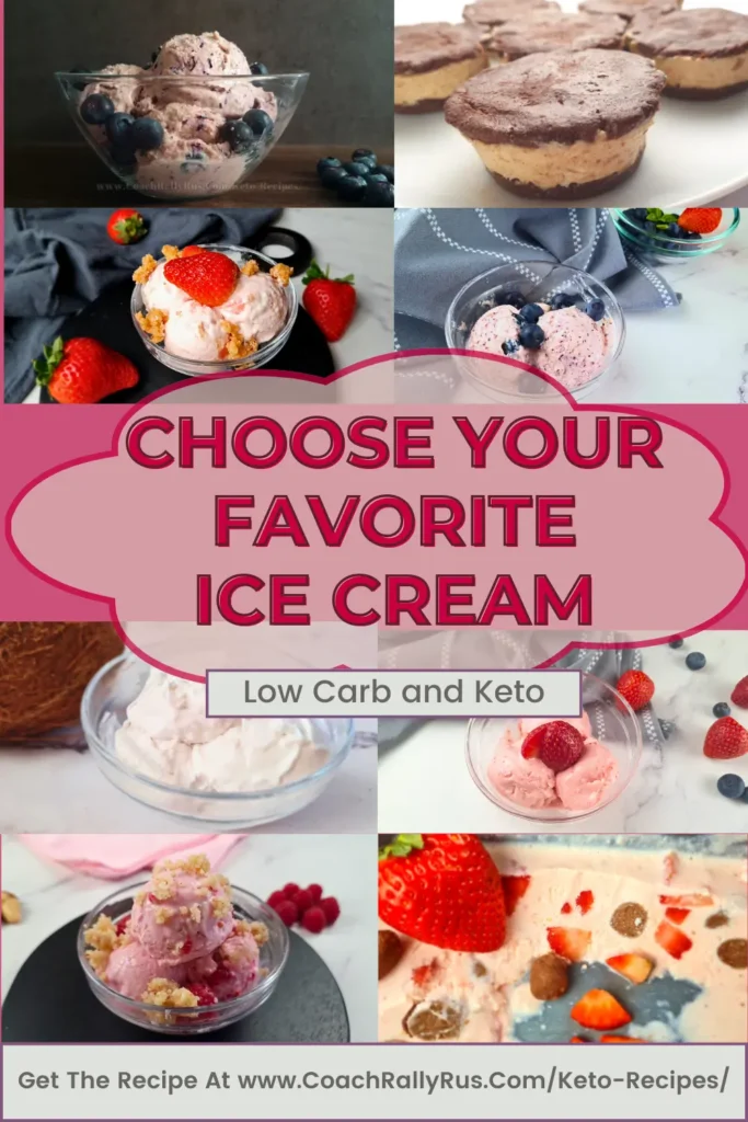 A vibrant collage featuring six different keto-friendly ice cream options. The central bold text invites viewers to ‘CHOOSE YOUR FAVORITE ICE CREAM,’ set against a pink cloud-shaped dialogue bubble. Below, a subtitle states ‘Low Carb and Keto.’ Each image depicts a unique and appetizing ice cream presentation, garnished with fresh fruits like strawberries and raspberries, and the bottom of the image includes a call-to-action with a URL for more recipes, set against a dark background adorned with berries and mint leaves.