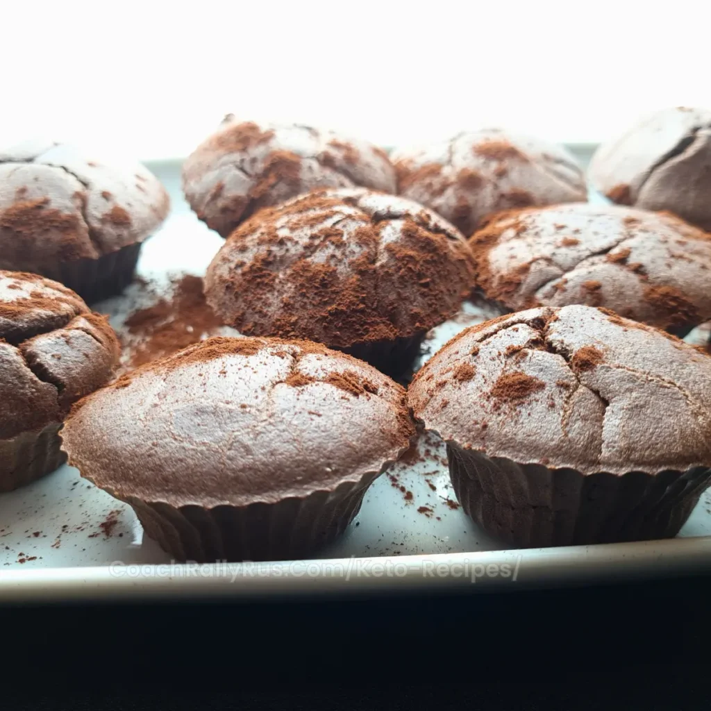 A close-up image of freshly baked coconut flour chocolate muffins with a light dusting of cocoa powder on top, arranged on a white plate against a bright background.