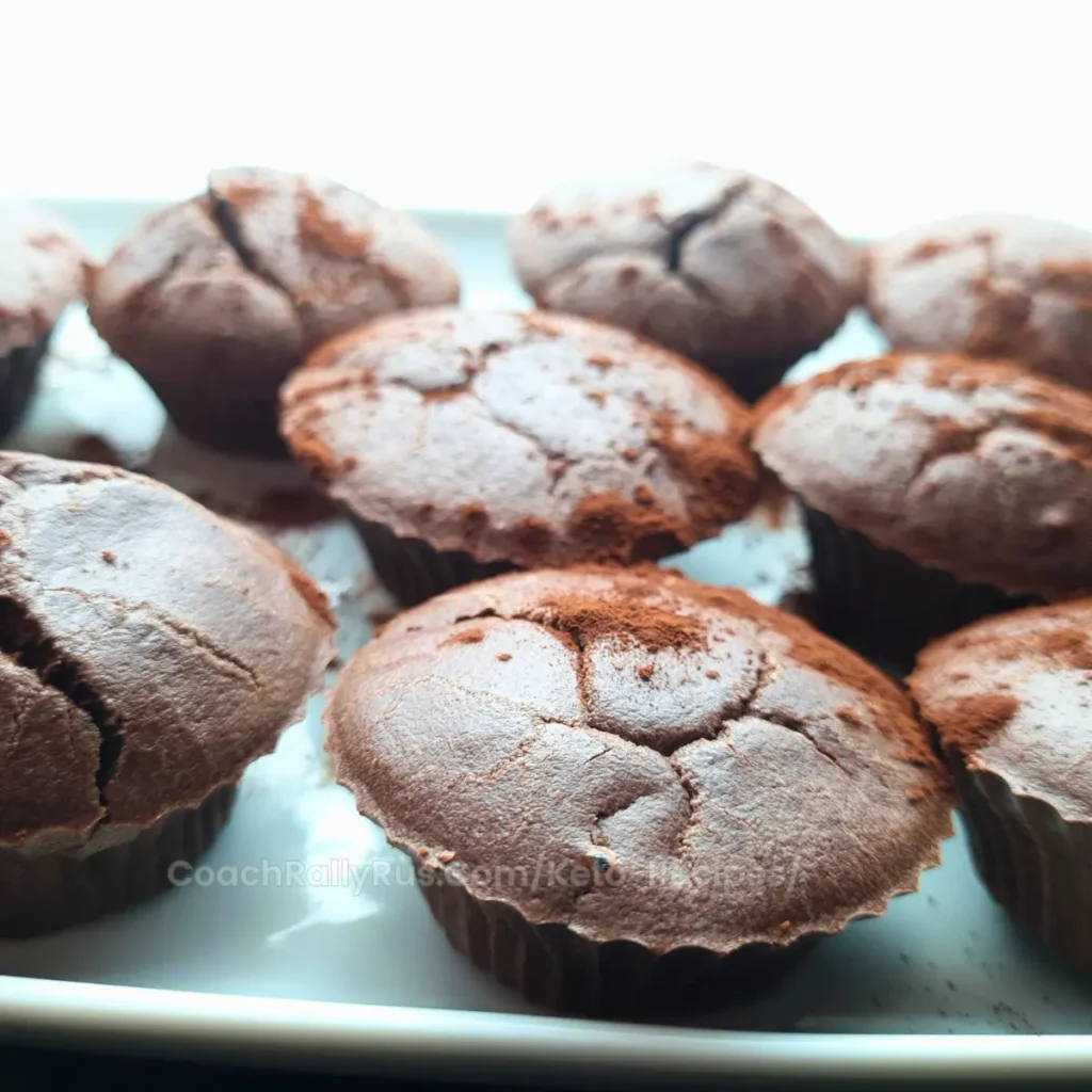 A close-up image of freshly baked coconut flour chocolate muffins with a light dusting of cocoa powder on top, arranged on a white plate against a bright background.