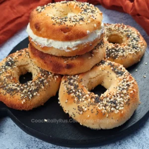 A stack of golden-brown cottage cheese bagels topped with various seeds on a plate.