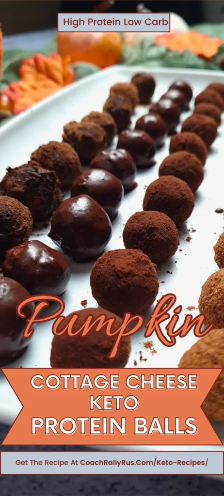 A vertical image showcasing a row of glossy, chocolate-coated pumpkin balls interspersed with cocoa-dusted ones, all resting on a white platter. The background features blurred fall-themed decorations.