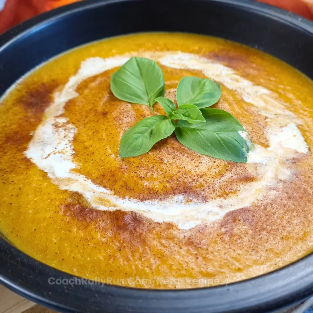 A vibrant orange-colored pumpkin soup garnished with a swirl of cream, a sprinkle of spices, and fresh basil leaves in the center, served in a black bowl.