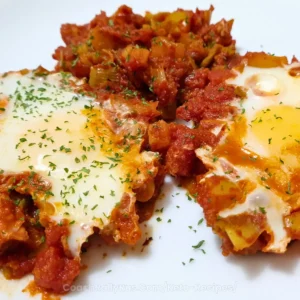 Close-up image of keto shakshuka featuring poached eggs in a bed of chunky tomato sauce, garnished with green herbs on a white plate.