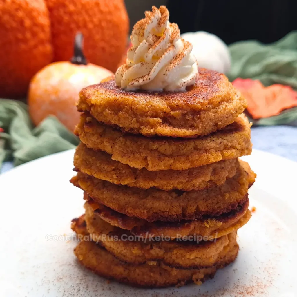 A stack of six golden-brown pumpkin spice cottage cheese protein pancakes on a white plate, garnished with a dollop of cream and a sprinkle of spice on top.