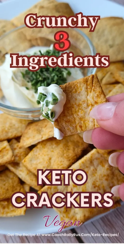 Crunchy 3-Ingredient Keto Crackers on a wooden board with a small bowl of dip.