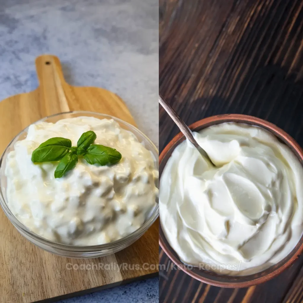 A side-by-side comparison of two dairy products. On the left, a clear glass bowl filled with cottage cheese topped with a sprig of basil sits on a wooden cutting board with a grey textured background. On the right, Greek yogurt is presented in a glass bowl with a spoon, placed on a dark wooden surface. The image highlights the textural differences between the chunky, curd-like cottage cheese and the smooth, creamy Greek yogurt, making it relevant for discussions on dietary choices or culinary uses.