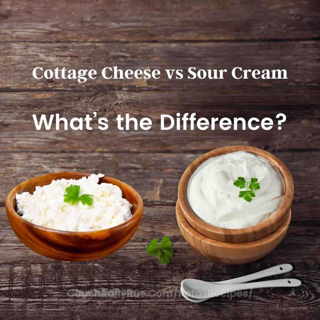 Two bowls on a wooden surface, one containing cottage cheese garnished with parsley and the other containing sour cream topped with a parsley leaf.