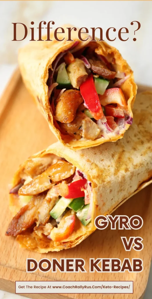 A vertical image showcasing a comparison between a Gyro and a Doner Kebab. The top half features a close-up view of a Gyro wrap with meat, tomatoes, and cucumbers in pita bread. The bottom half displays a Doner Kebab with similar ingredients in a different wrap style.