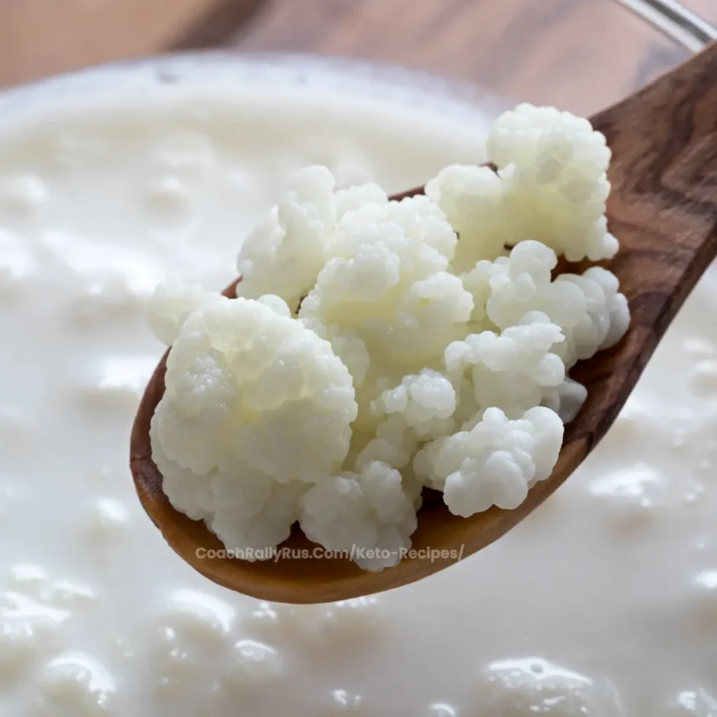 Close-up of kefir grains on a wooden spoon over a bowl of kefir.