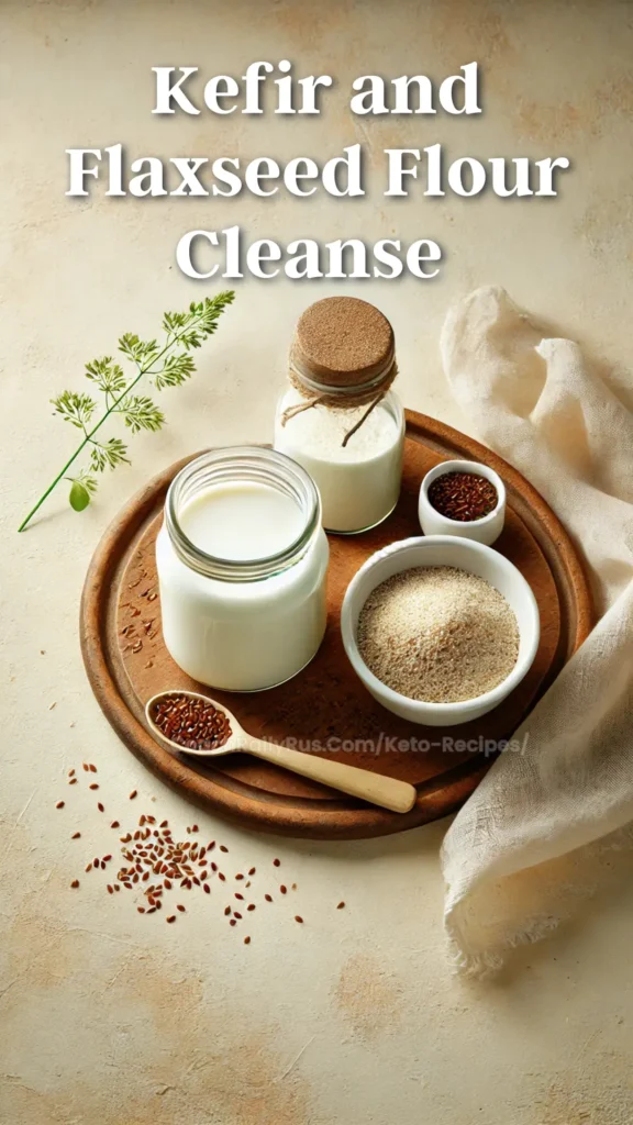 Pinterest pin image of a glass jar of kefir with a bowl of ground flaxseed flour.