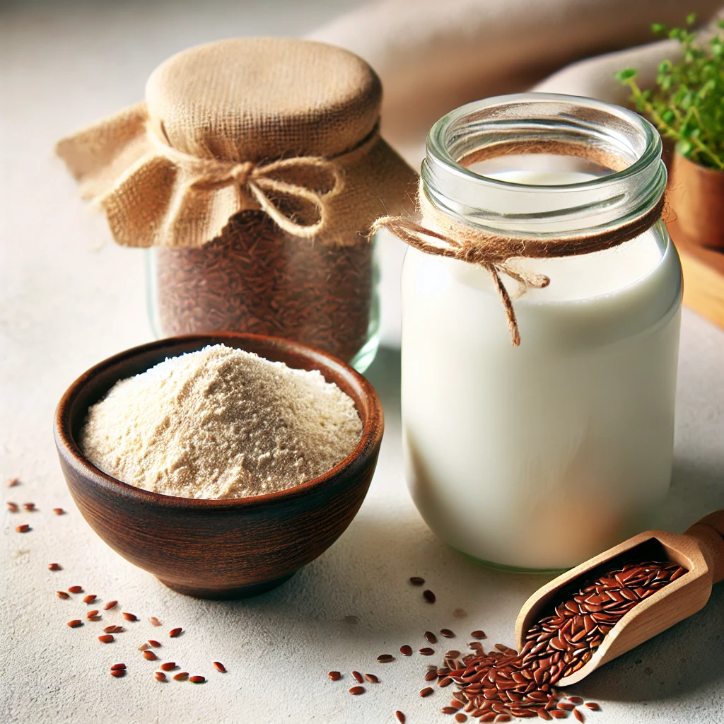 Glass jar of creamy kefir with a bowl of ground flaxseed flour.