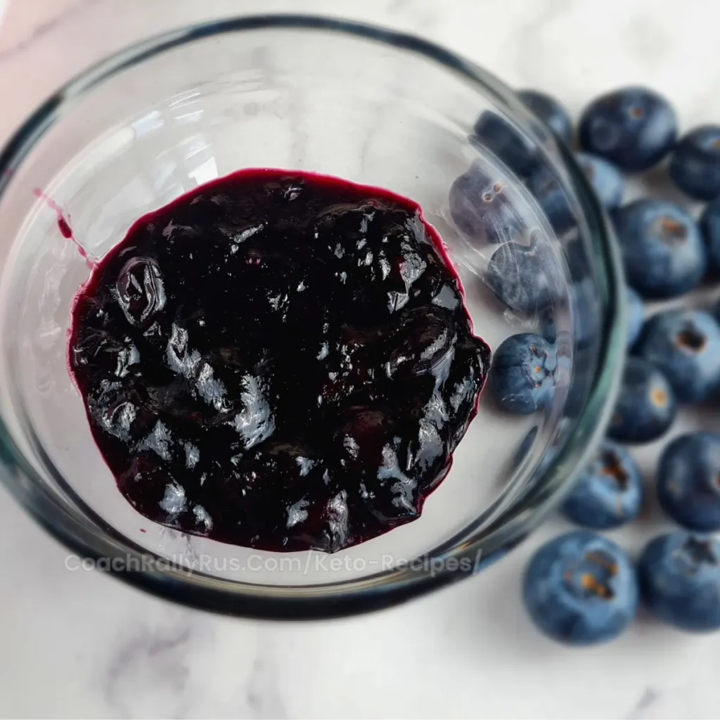 A glass jar filled with dark purple Keto blueberry jam on a white surface, with several whole blueberries scattered around it.