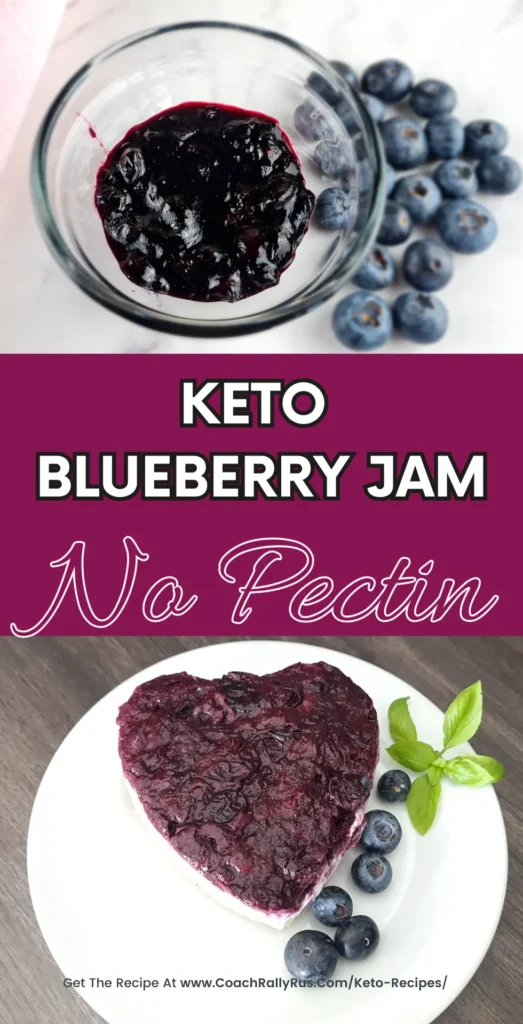 A jar of homemade Keto Blueberry Jam with fresh blueberries scattered around, placed on a marble surface. Below is an image of a heart-shaped blueberry jam cheesecake serving on a white plate, garnished with basil leaves and surrounded by more blueberries.