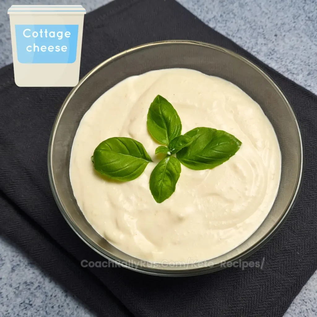 A bowl of creamy Keto Cottage Cheese Alfredo Sauce on a plate, with a label indicating ‘Cottage cheese’.