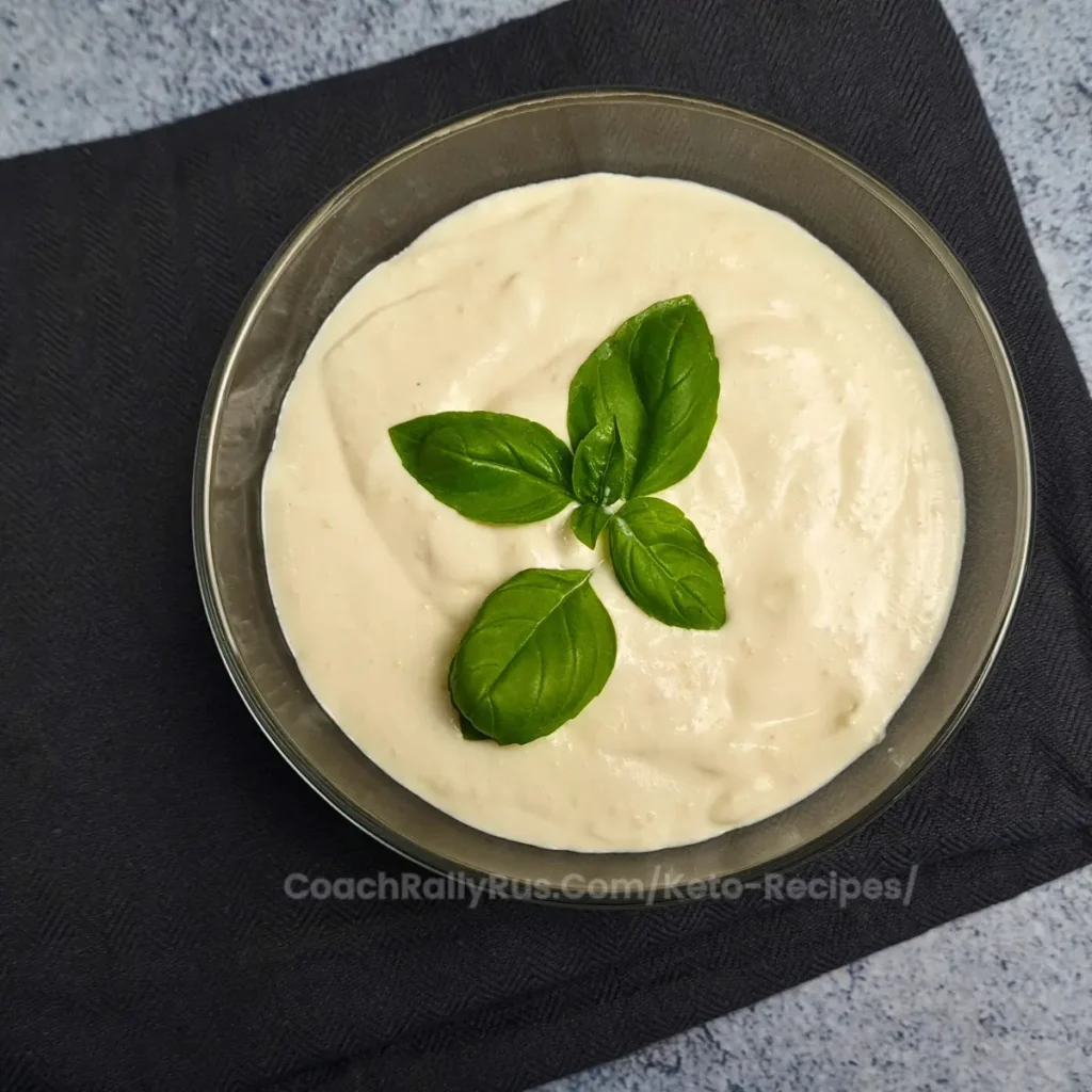 A bowl of creamy Keto Cottage Cheese Alfredo Sauce on a dark napkin with the website “CoachRallyRus.com/Keto-Recipes” at the bottom.