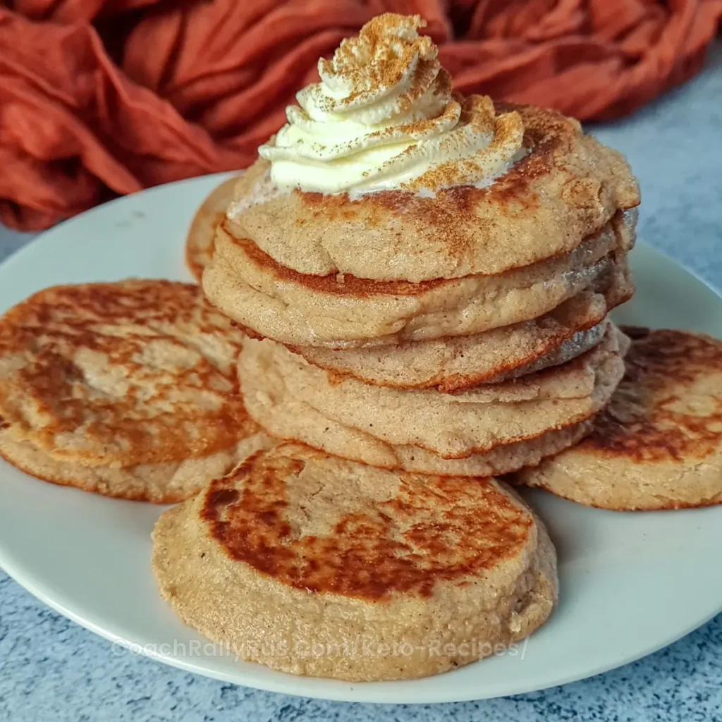 A stack of Keto Gingerbread Cottage Cheese Pancakes topped with a dollop of cream and a sprinkle of cinnamon, served on a white plate with two additional pancakes beside the stack.