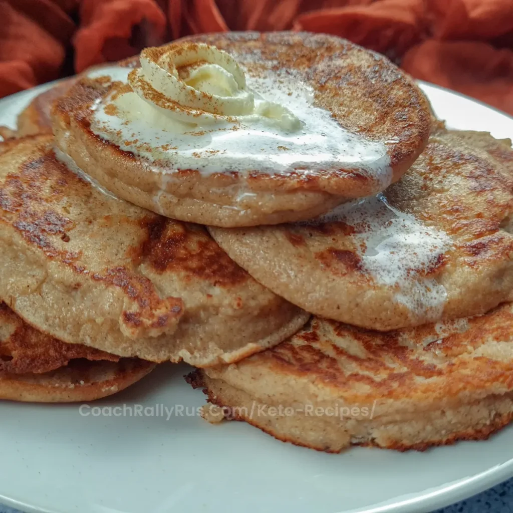 A stack of three golden-brown Keto Gingerbread Cottage Cheese Pancakes topped with a pat of butter and a sprinkle of powdered sugar, garnished with a curled piece of fried onion, served on a white plate placed on an orange cloth surface.