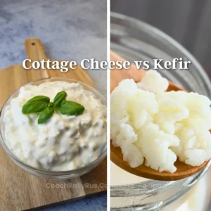 Cottage cheese in a bowl on a wooden board and kefir grains on a spoon in a glass jar, side by side comparison.