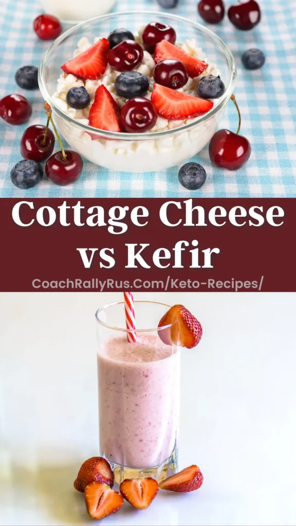 Bowl of cottage cheese topped with berries and a glass of kefir smoothie surrounded by fresh strawberries and blueberries.