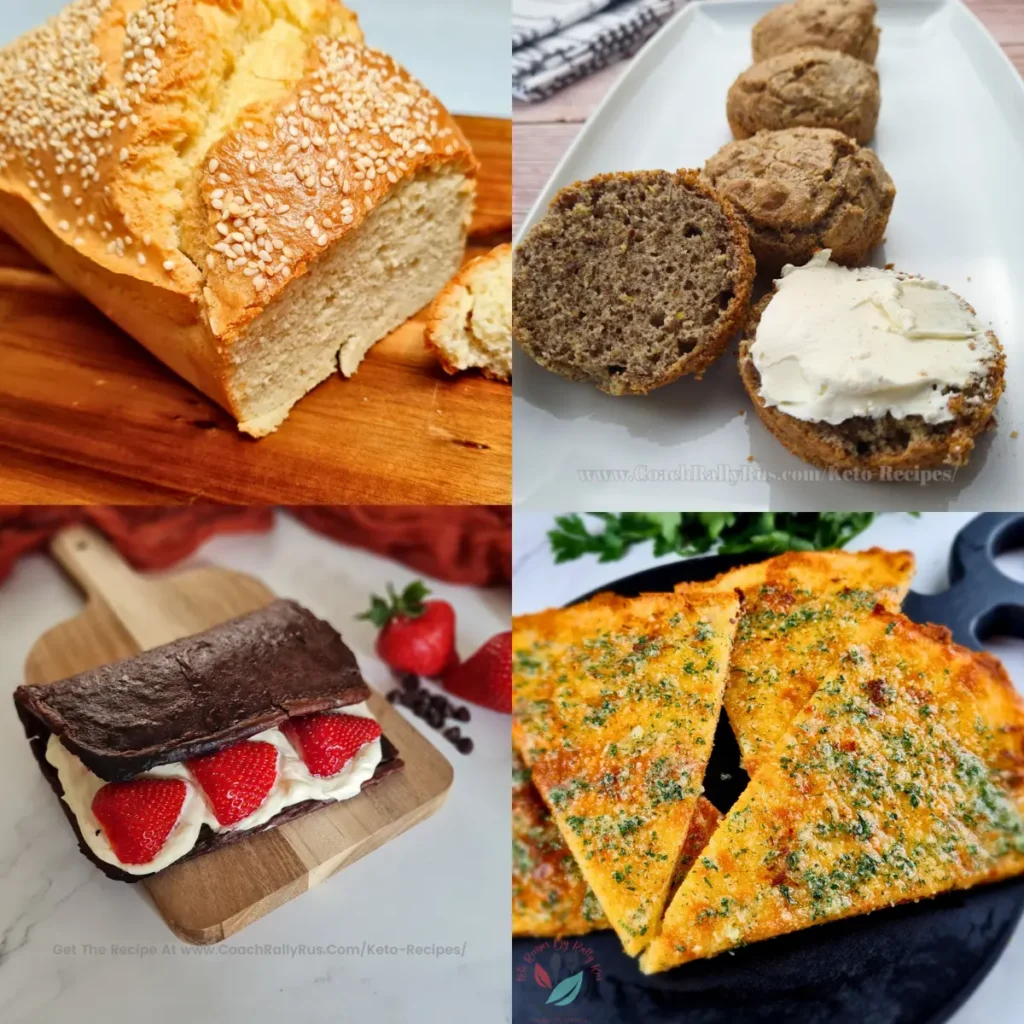 A mix of keto bread recipes including a sesame loaf, flaxseed muffins, chocolate flatbread with strawberries, and garlic bread slices.