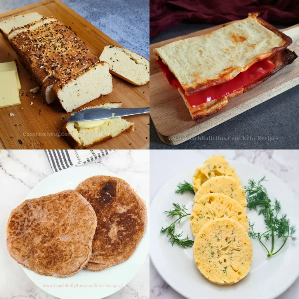 Low-carb bread recipes including an almond flour loaf, almond flour tortilla, layered keto sandwich bread, and dill-flavored mug bread slices.