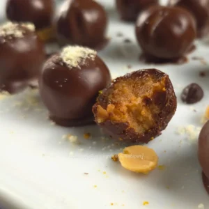 Keto Chocolate Peanut Butter Cottage Cheese Bonbon with a bite taken out, showing the creamy peanut butter filling.