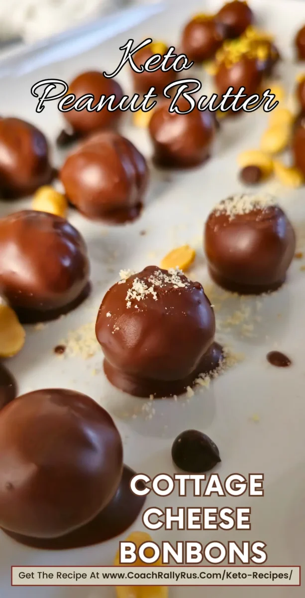 Keto Chocolate Peanut Butter Cottage Cheese Bonbons displayed on a plate with a text overlay promoting the recipe.