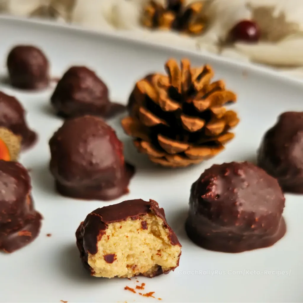 Keto gingerbread cottage cheese bonbons coated in chocolate on a plate with pinecone decoration.