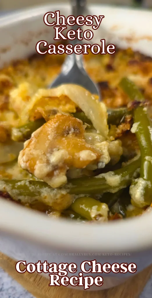 Close-up of cheesy keto green bean casserole with crispy onions and mushrooms.