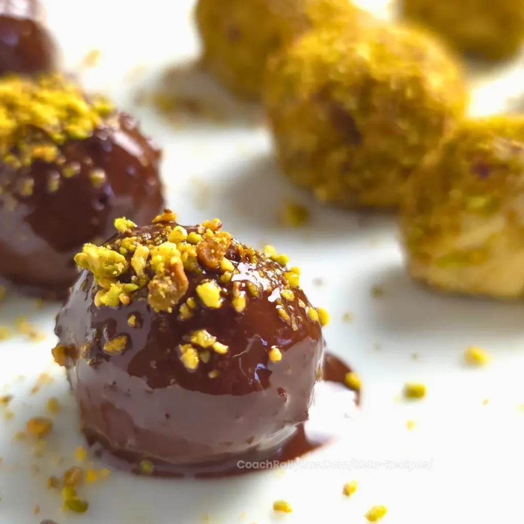 Close-up of keto pistachio cottage cheese bonbons coated in dark chocolate and sprinkled with crushed pistachios on a white plate.