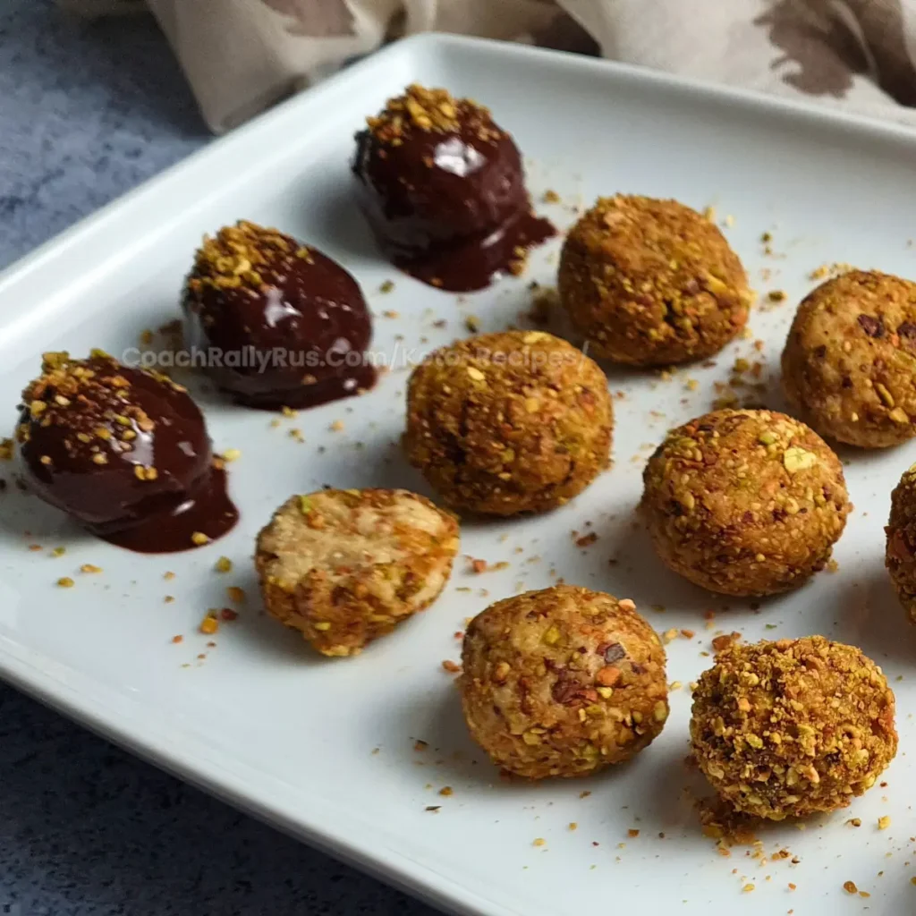 Keto pistachio cottage cheese bonbons on a white plate, some coated in crushed pistachios and others in dark chocolate.
