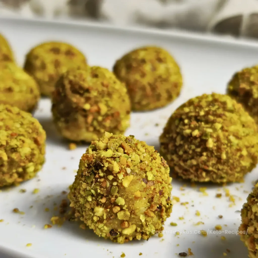 Close-up of keto pistachio cottage cheese bonbons fully coated in crushed pistachios on a white plate.