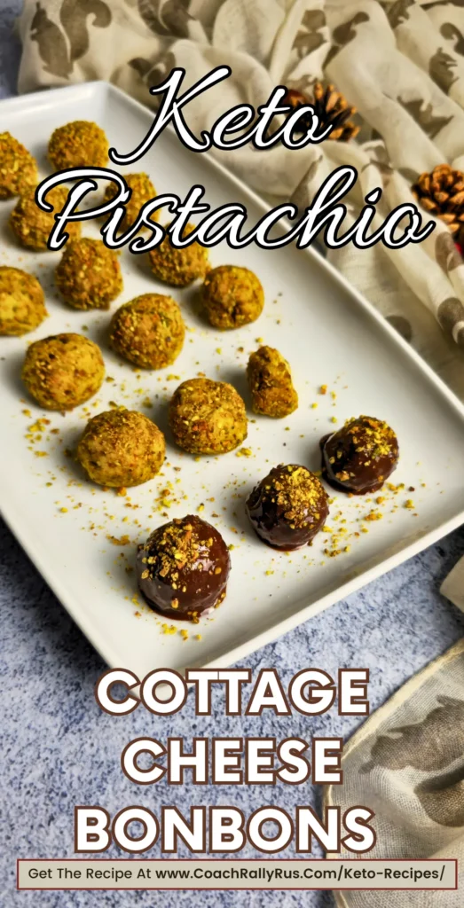 Keto pistachio cottage cheese bonbons arranged on a white plate with text overlay.