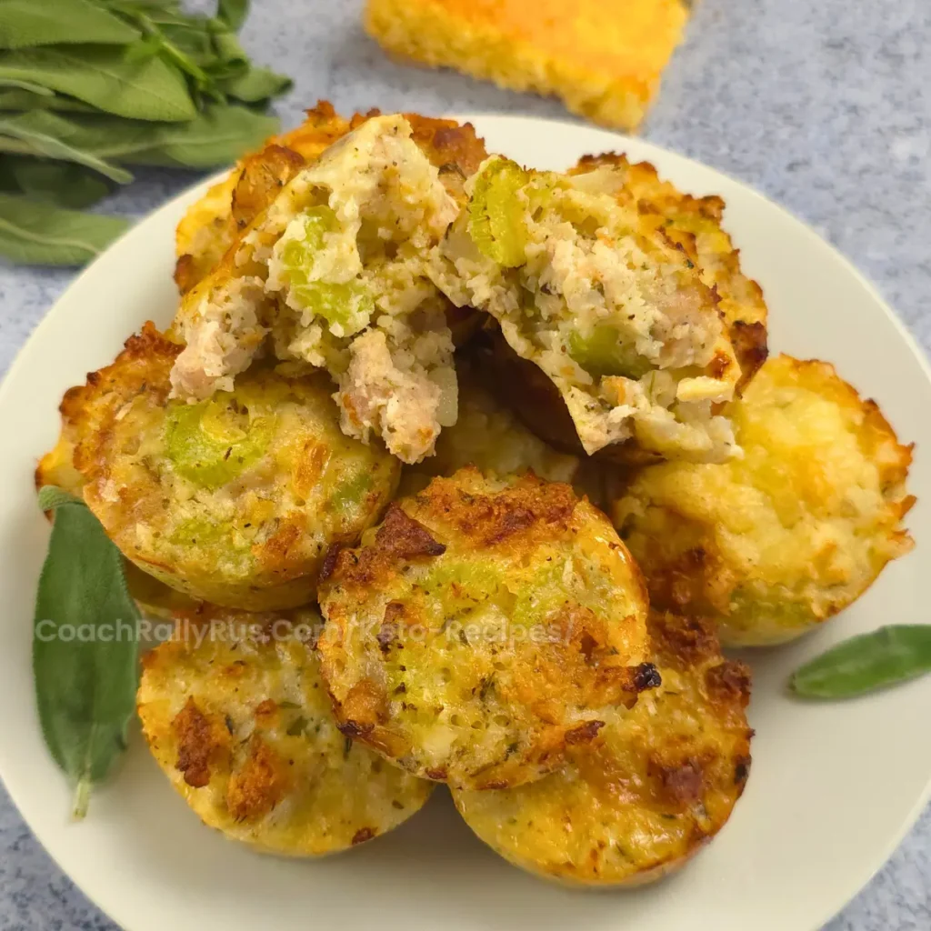 A plate filled with keto sausage stuffing muffins, with one muffin split open to reveal the filling.