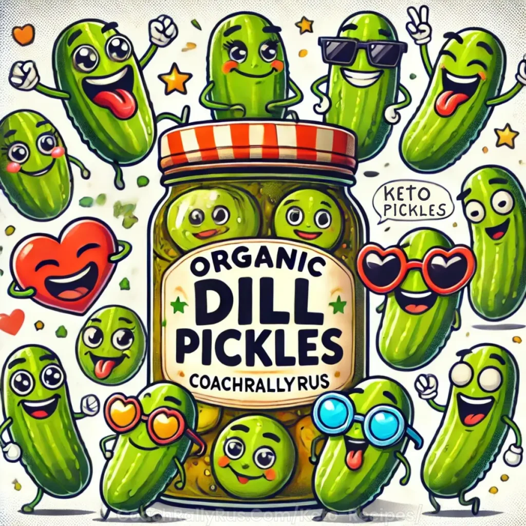 Fun cartoon illustration of a pickle jar labeled 'Organic Dill Pickles' surrounded by quirky pickle characters with happy expressions and accessories like sunglasses. Includes bold text asking, 'Are Pickles Keto?' with branding 'CoachRallyRus.Com/Keto-Recipes/' below.