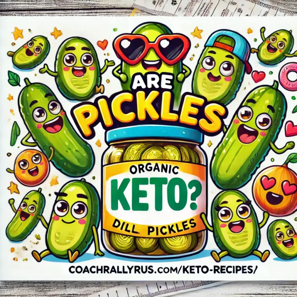 Bright and colorful cartoon illustration highlighting the bold text 'Are Pickles Keto?' over a jar labeled 'Organic Keto Dill Pickles,' surrounded by happy pickle characters in a playful design. Features the branding 'CoachRallyRus.Com/Keto-Recipes/' below.
